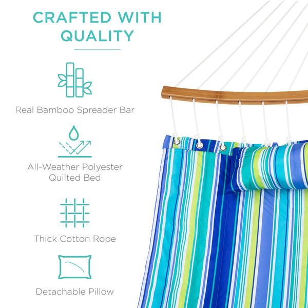 Best Choice 2-Person Quilted Portable Hammock W/ Curved Bamboo Spreader Bar Carry Bag