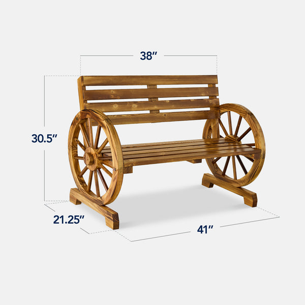 Best Choice 2-Person Rustic Wooden Wagon Wheel Bench W/ Slatted Seat And Backrest