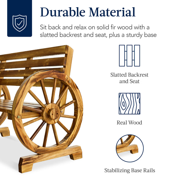 Best Choice 2-Person Rustic Wooden Wagon Wheel Bench W/ Slatted Seat And Backrest