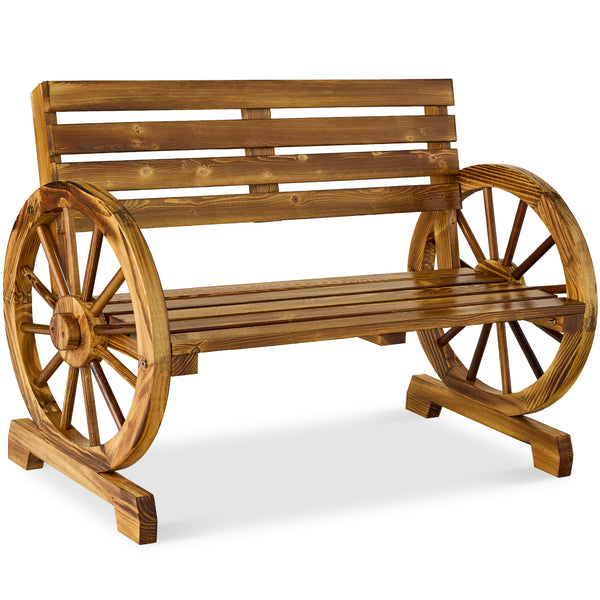 best choice 2-Person Rustic Wooden Wagon Wheel Bench w/ Slatted Seat and Backrest