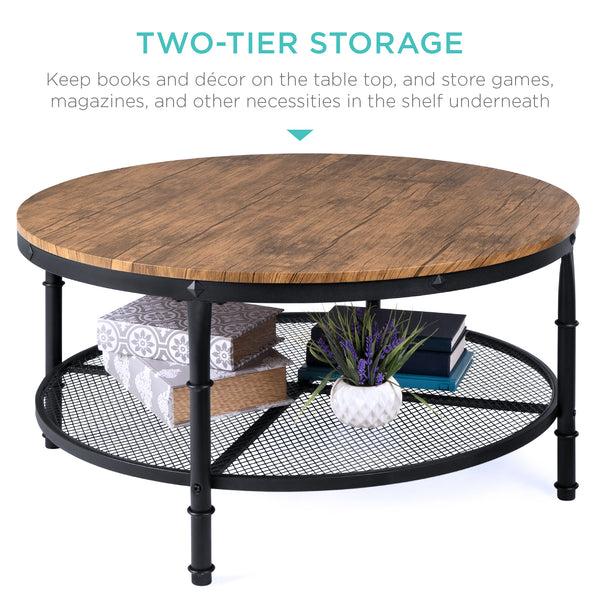 Best Choice 2-Tier Round Industrial Wood & Steel Coffee Table Storage Shelves - 35.5in