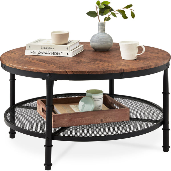 best choice 2-Tier Round Industrial Wood & Steel Coffee Table Storage Shelves - 35.5in