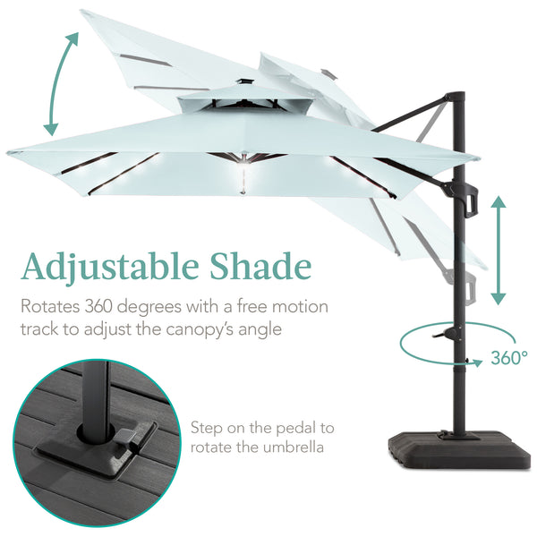 Best Choice 2-Tier Square LED Cantilever Offset Umbrella W/ 360 Rotation Base - 10x10ft