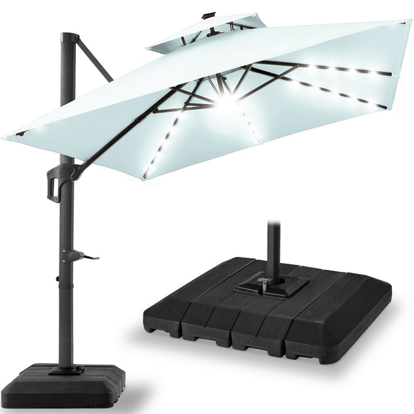 best choice 2-Tier Square LED Cantilever Offset Umbrella w/ 360 Rotation Base - 10x10ft