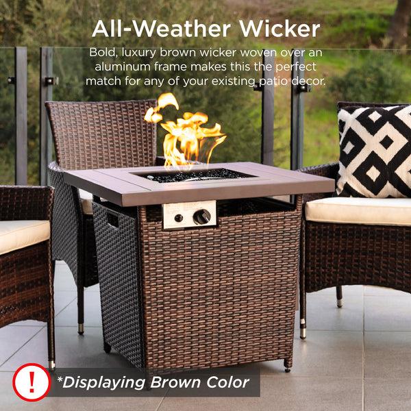 Best Choice 28in Fire Pit Table 50 000 BTU Wicker Propane W/ Faux Wood Tabletop Cover