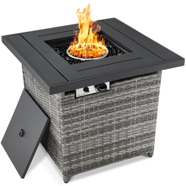 best choice 28in Fire Pit Table 50 000 BTU Wicker Propane w/ Faux Wood Tabletop Cover