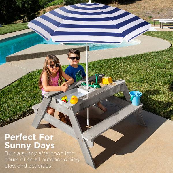 Best Choice 3-in-1 Kids Sand & Water Table Outdoor Wood Picnic Table W/ Umbrella