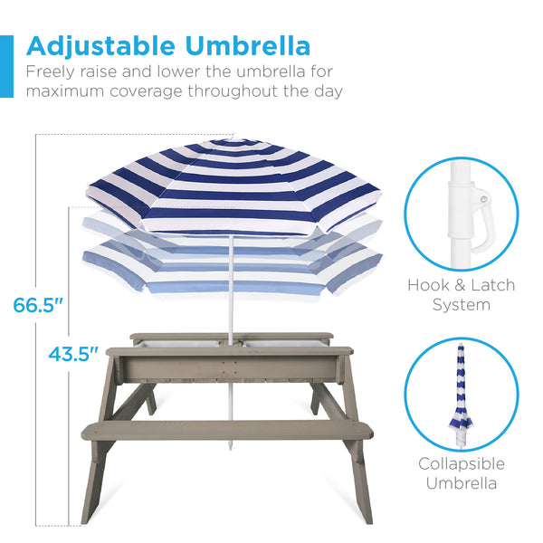 Best Choice 3-in-1 Kids Sand & Water Table Outdoor Wood Picnic Table W/ Umbrella