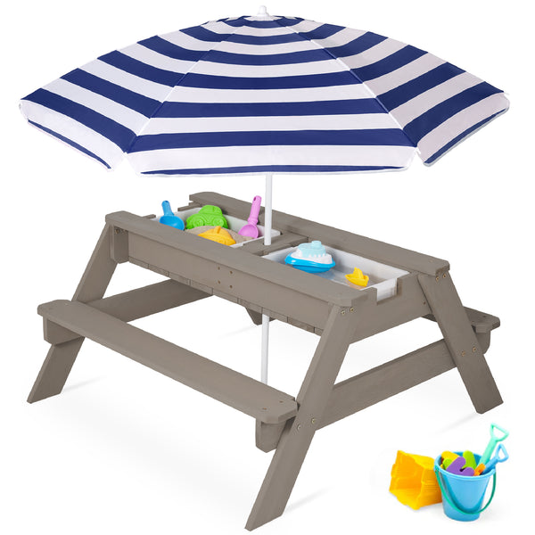 best choice 3-in-1 Kids Sand & Water Table Outdoor Wood Picnic Table w/ Umbrella