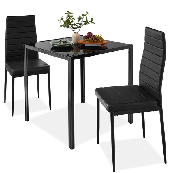 best choice 3-Piece Dining Table Set w/ Glass Top Leather Chairs