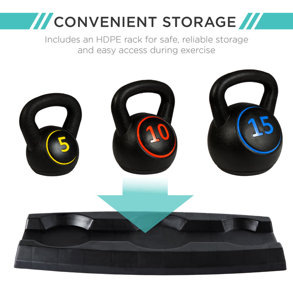 Best Choice 3-Piece Kettlebell Exercise Fitness Weight Set W/ Storage Rack