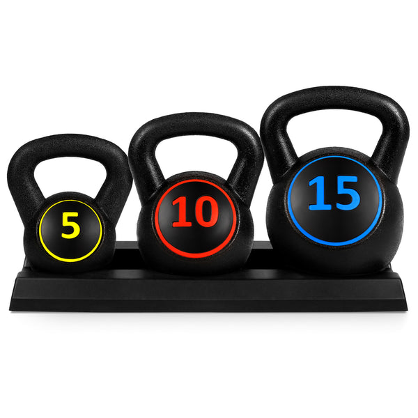 best choice 3-Piece Kettlebell Exercise Fitness Weight Set w/ Storage Rack