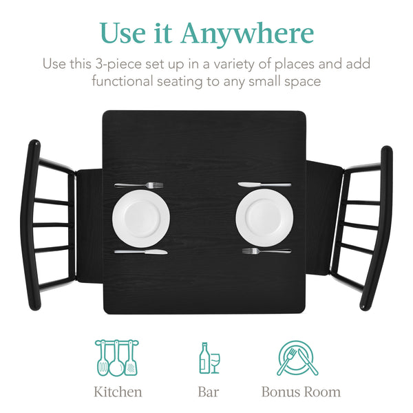 Best Choice 3-Piece Metal Wood Square Dining Table Furniture Set W/ 2 Chairs