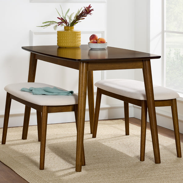 best choice 3-Piece Mid-Century Modern Upholstered Wooden Dining Set w/ 2 Bench Seats