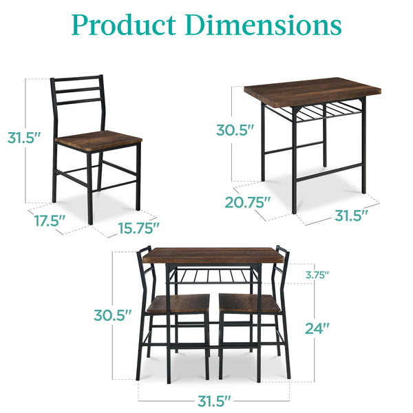 Best Choice 3-Piece Modern Square Dining Set W/ Storage Rack
