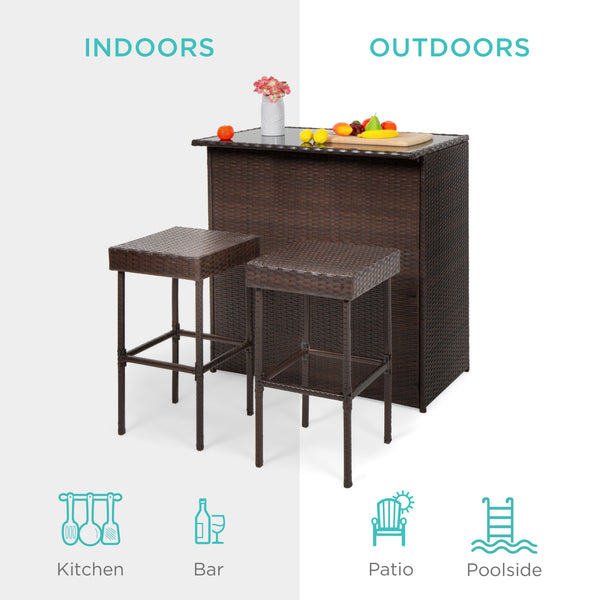 Best Choice 3-Piece Outdoor All-Weather Wicker Bar Table Set W/ 2 Stools