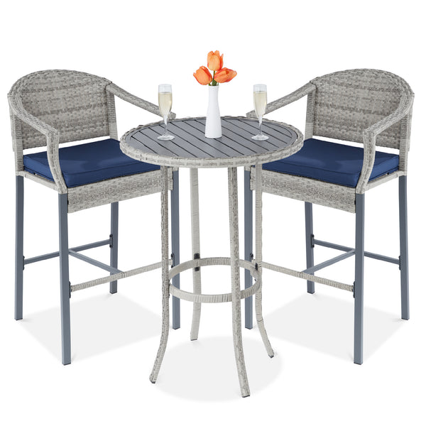 best choice 3-Piece Outdoor Bistro Wicker Table Bar Set w/ Bar Stools Footrests