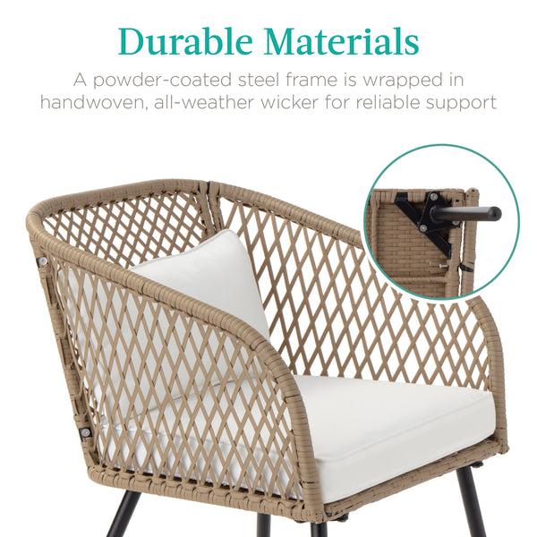 Best Choice 3-Piece Outdoor Diamond Weave Wicker Bistro Set W/ Tempered Glass Side Table