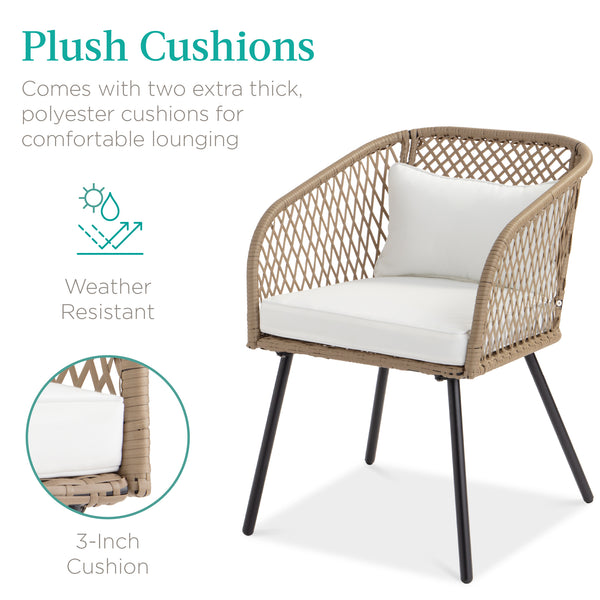 Best Choice 3-Piece Outdoor Diamond Weave Wicker Bistro Set W/ Tempered Glass Side Table