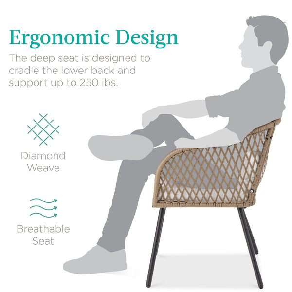 Best Choice 3-Piece Outdoor Diamond Weave Wicker Bistro Set W/ Tempered Glass Side Table