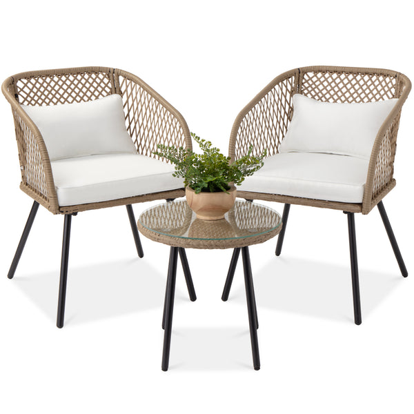 best choice 3-Piece Outdoor Diamond Weave Wicker Bistro Set w/ Tempered Glass Side Table