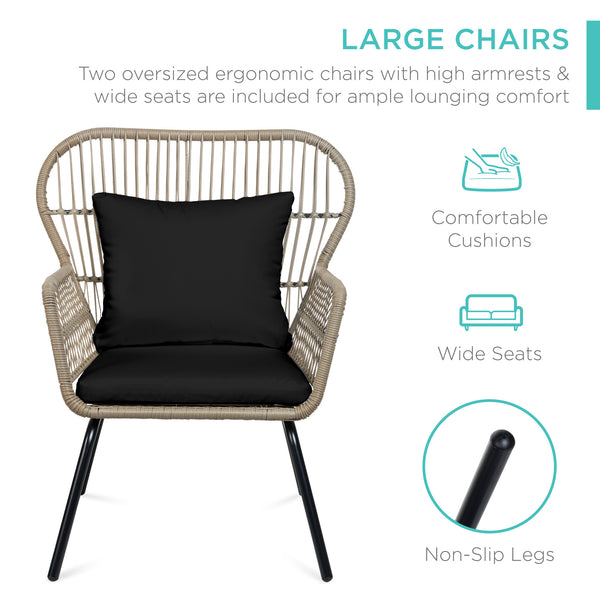 Best Choice 3-Piece Patio Wicker Conversation Bistro Set W/ 2 Chairs Glass Top Table