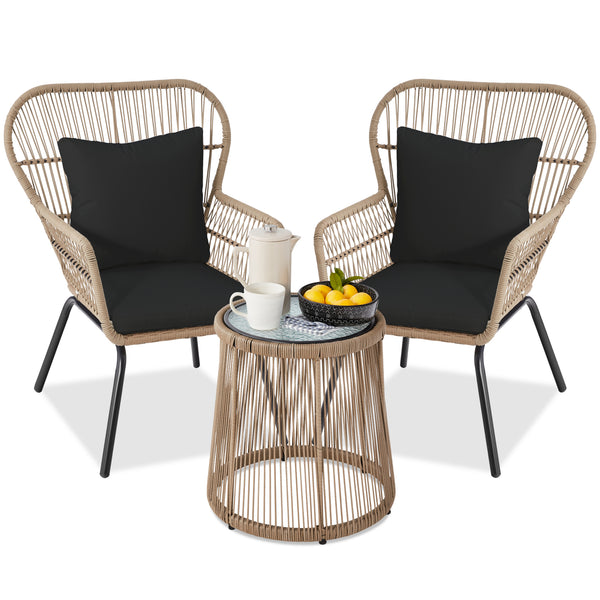best choice 3-Piece Patio Wicker Conversation Bistro Set w/ 2 Chairs Glass Top Table
