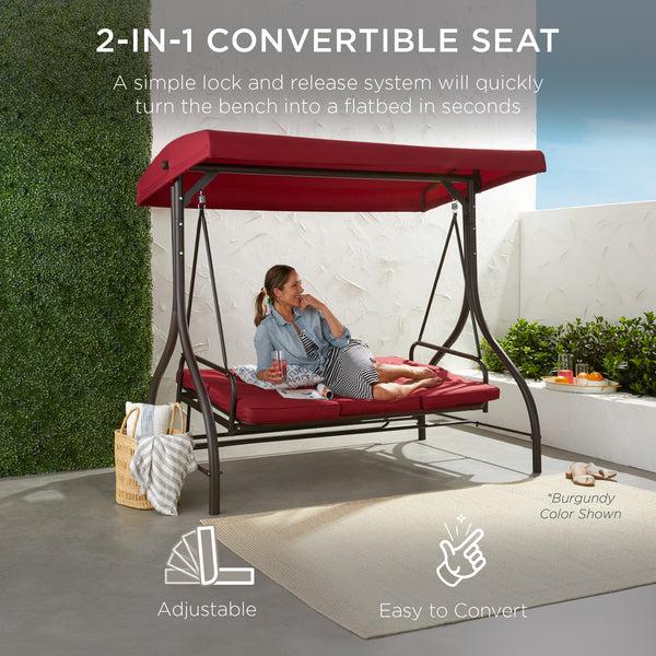 Best Choice 3-Seat Outdoor Canopy Swing Glider Furniture W/ Converting Flatbed Backrest