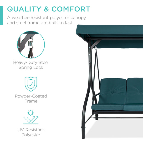 Best Choice 3-Seat Outdoor Canopy Swing Glider Furniture W/ Converting Flatbed Backrest