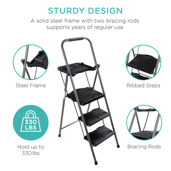 Best Choice 3-Step Folding Steel Ladder W/ Utility Tray Hand Grip 330lb Capacity