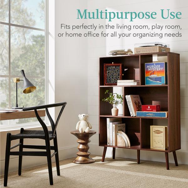 Best Choice 3-Tier Mid-Century Modern Wooden Bookcase W/ 3 Back Panels Offset Legs