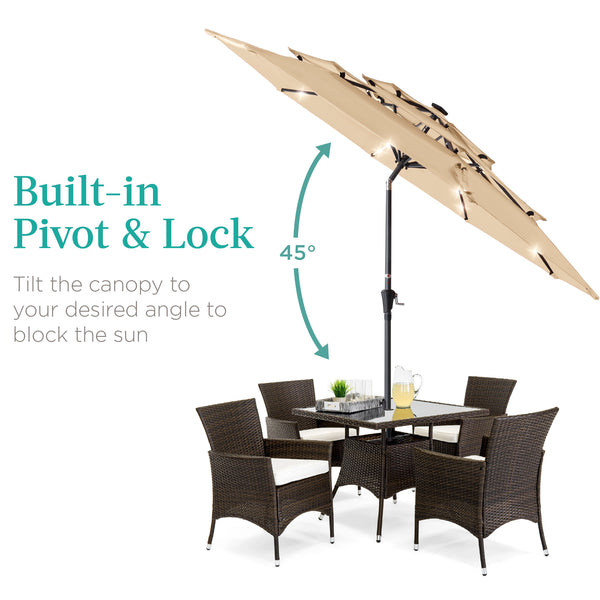 Best Choice 3-Tier Solar Patio Umbrella W/ LED Lights Tilt Adjustment Crank - 10ft