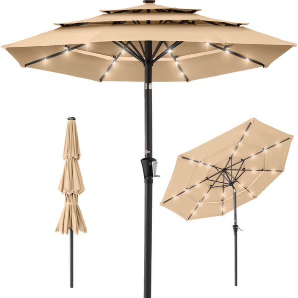 best choice 3-Tier Solar Patio Umbrella w/ LED Lights Tilt Adjustment Crank - 10ft