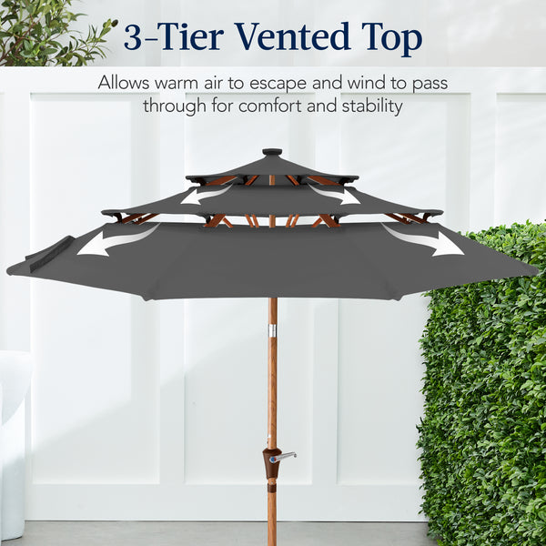 Best Choice 3-Tier Woodgrain Pattern Solar Patio Umbrella Tilt Adjustment - 10ft