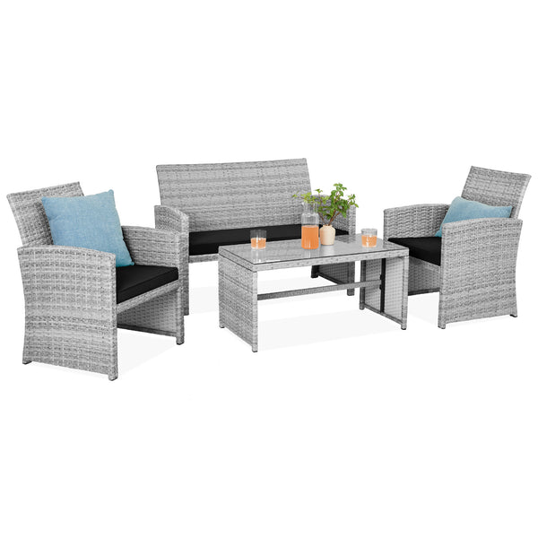best choice 4-Piece Outdoor Wicker Conversation Patio Set w/ 4 Seats Glass Table Top