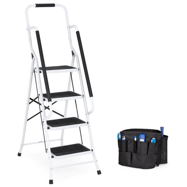 best choice 4-Step Portable Folding Ladder w/ Handrails Attachable Tool Bag