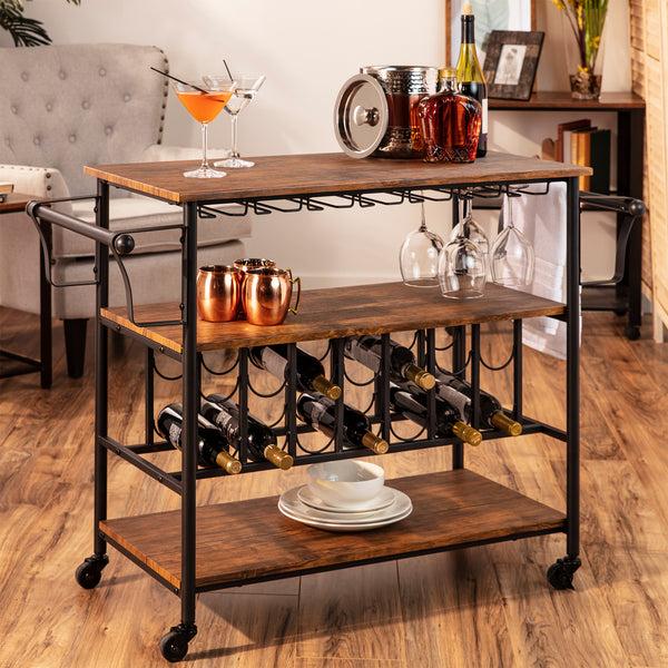 Best Choice 45in Industrial Wood Shelf Bar & Wine Cart W/ Bottle & Glass Racks