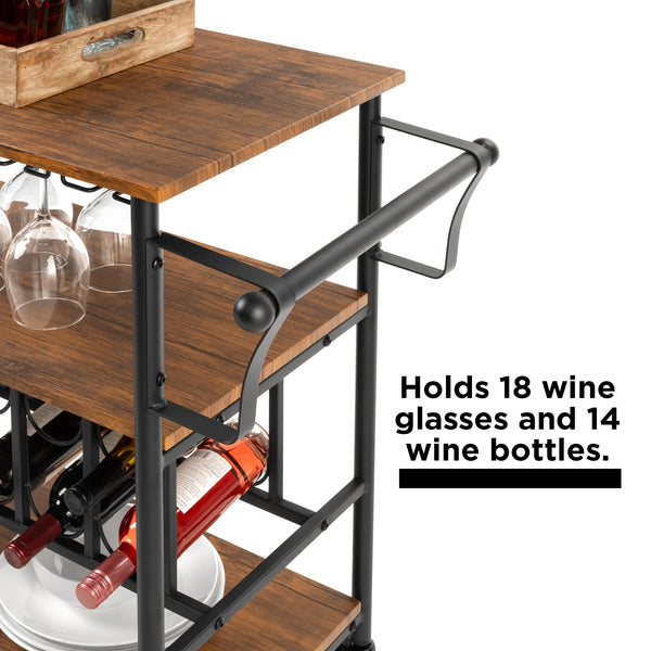 Best Choice 45in Industrial Wood Shelf Bar & Wine Cart W/ Bottle & Glass Racks