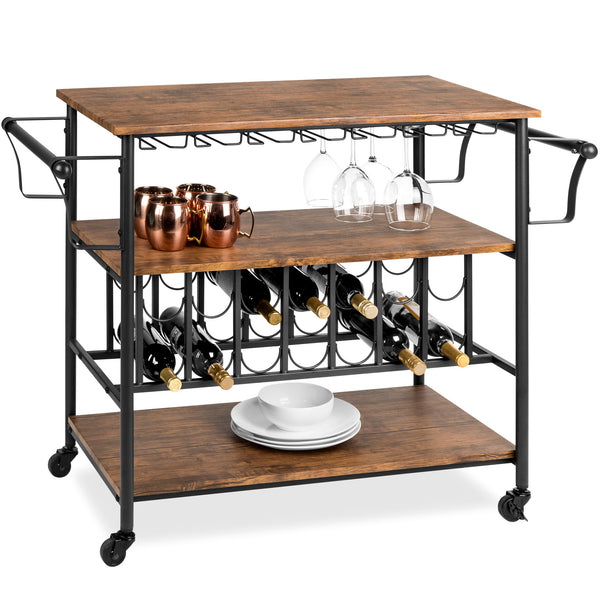 best choice 45in Industrial Wood Shelf Bar & Wine Cart w/ Bottle & Glass Racks