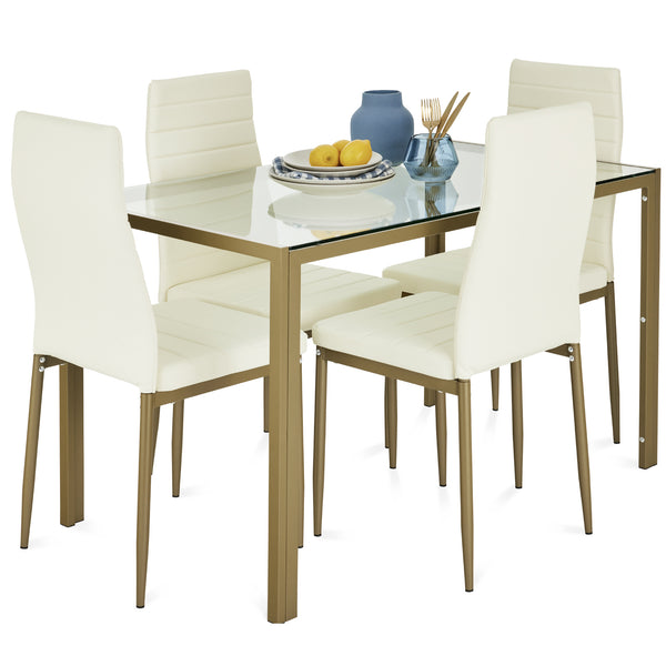 best choice 5-Piece Dining Table Set w/ Glass Top Leather Chairs