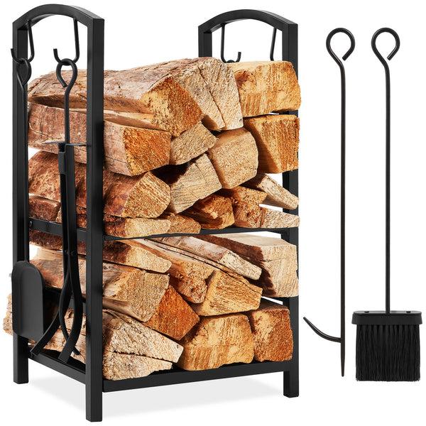 best choice 5-Piece Firewood Log Rack Holder Tools Set w/ Hook Broom Shovel Tongs