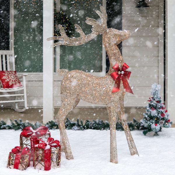 Best Choice 5ft 3D Pre-Lit Gold Glitter Christmas Reindeer Yard Decoration W/ 150 Lights