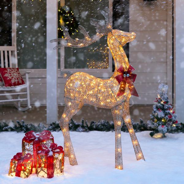 Best Choice 5ft 3D Pre-Lit Gold Glitter Christmas Reindeer Yard Decoration W/ 150 Lights