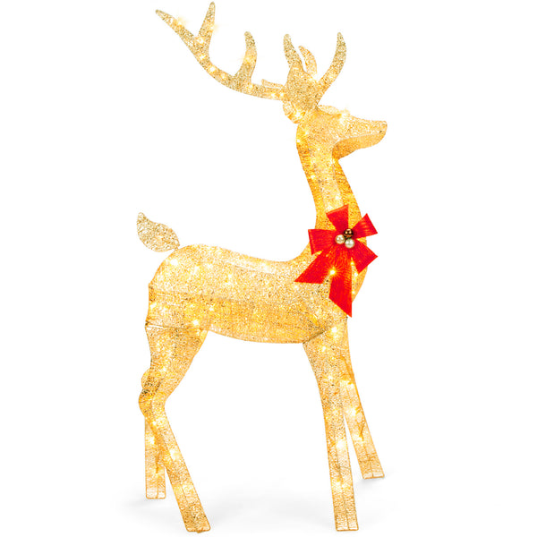 best choice 5ft 3D Pre-Lit Gold Glitter Christmas Reindeer Yard Decoration w/ 150 Lights