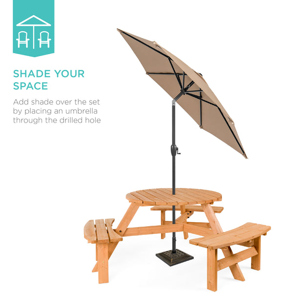 Best Choice 6-Person Circular Wooden Picnic Table W/ Umbrella Hole 3 Benches