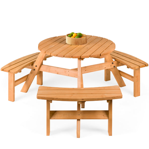 best choice 6-Person Circular Wooden Picnic Table w/ Umbrella Hole 3 Benches
