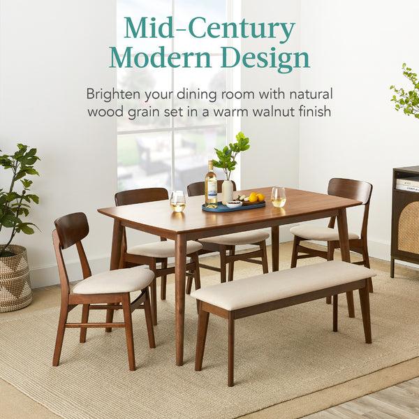 Best Choice 6-Piece Mid-Century Modern Upholstered Wooden Dining Set W/ 4 Chairs Bench