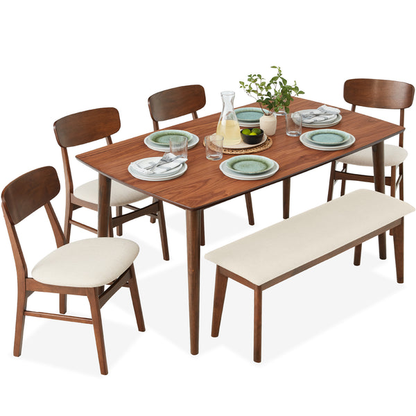 best choice 6-Piece Mid-Century Modern Upholstered Wooden Dining Set w/ 4 Chairs Bench