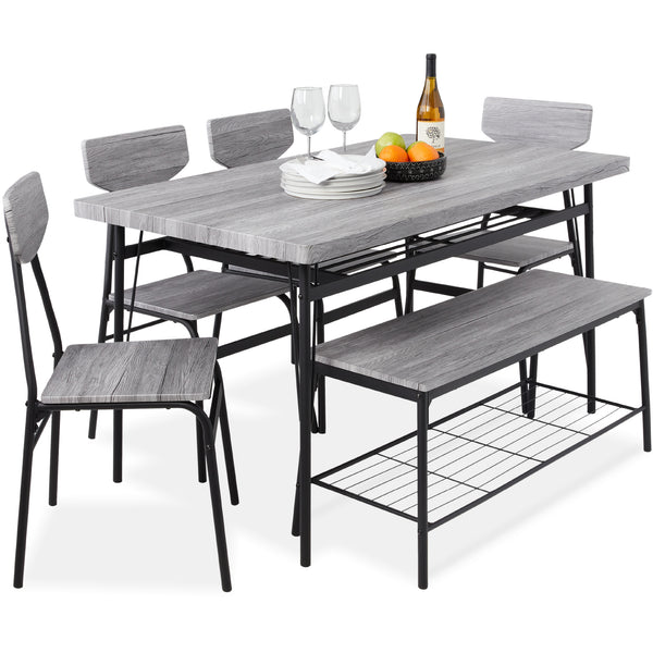best choice 6-Piece Modern Dining Set w/ Storage Racks Table Bench 4 Chairs - 55in