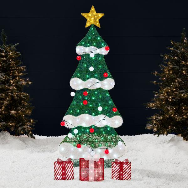 best choice 6ft Lighted 2D Christmas Tree Outdoor Decor w/ 170 LED Lights 3 Gift Boxes